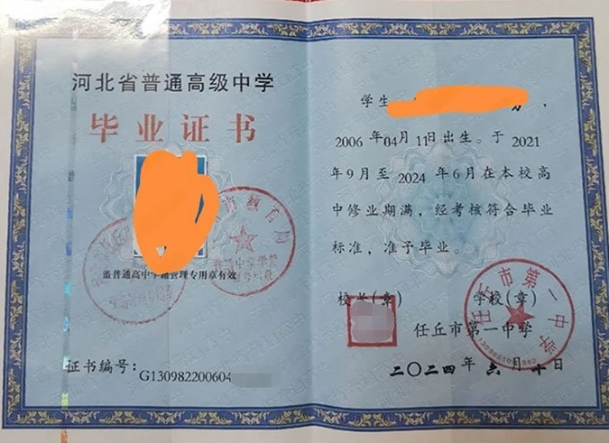 聊城任丘市第一中学高中毕业证样本图片
